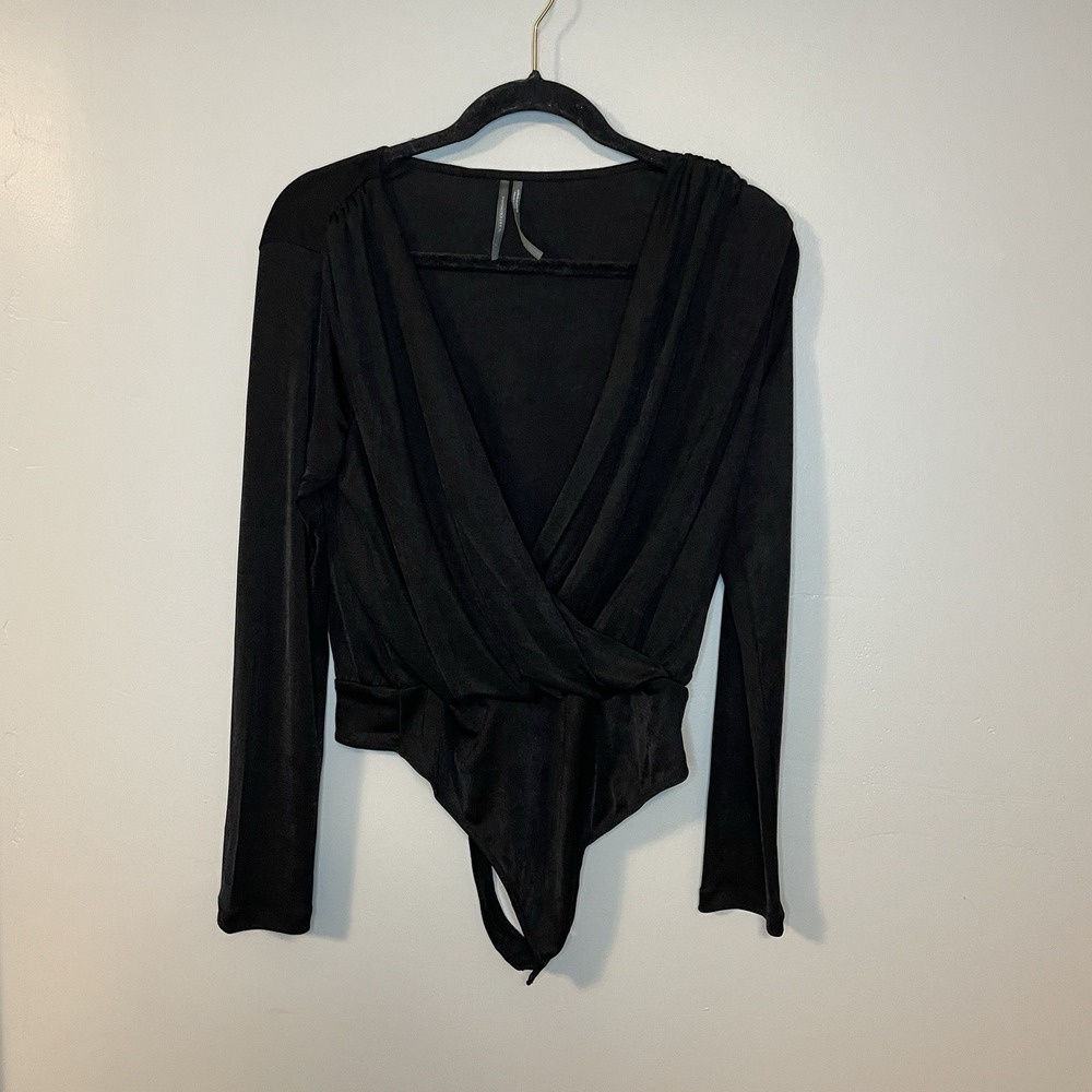 Anthropologie Black Faux-Wrap Shimmer Bodysuit Long Sleeve Size M